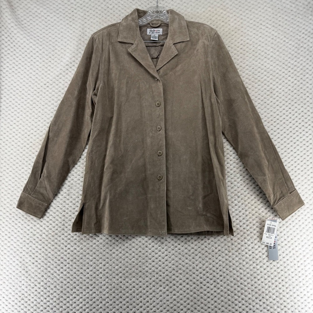 Style & Co. Collection Leather Button Down Shirt Jacket Medium Neutral‎ Taupe